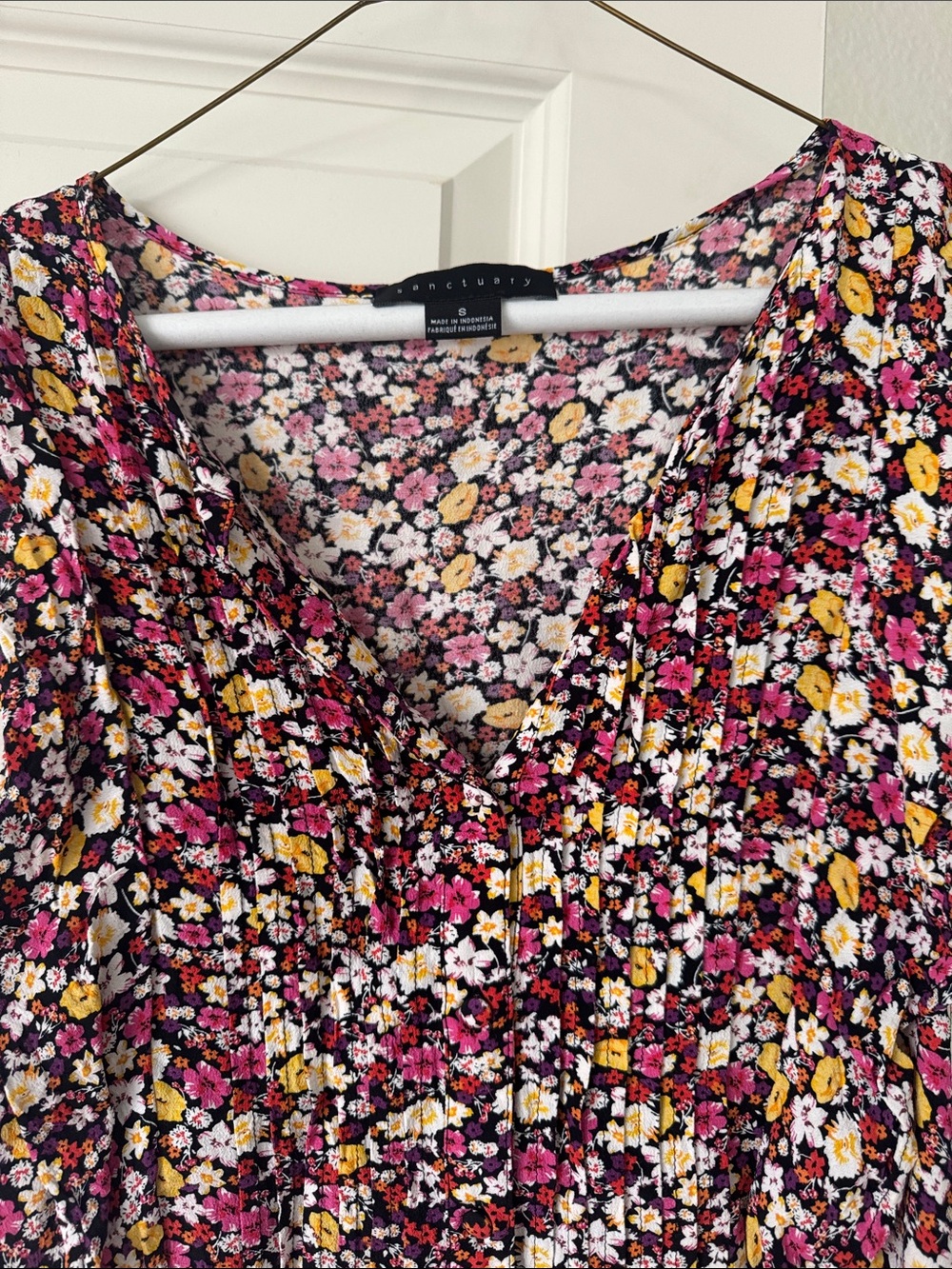 Sanctuary Floral V-Neck Smocked Top - Pink, Yellow, White, Black
